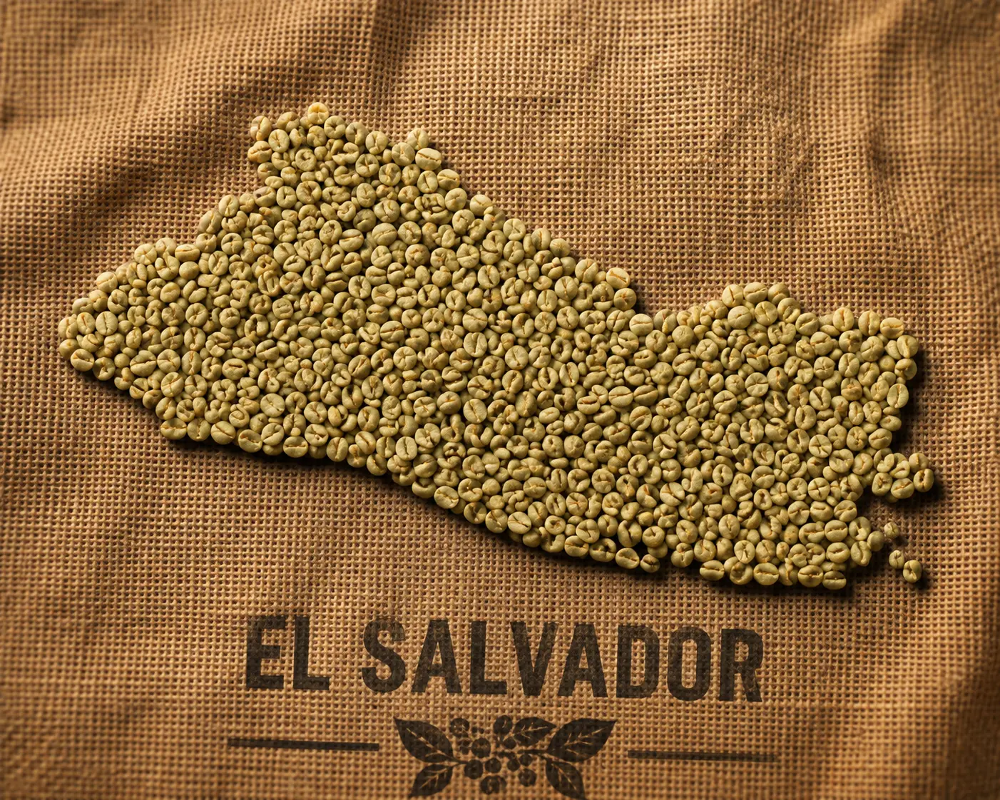 Green coffee beans arranged in the shape of El Salvador on a jute sack