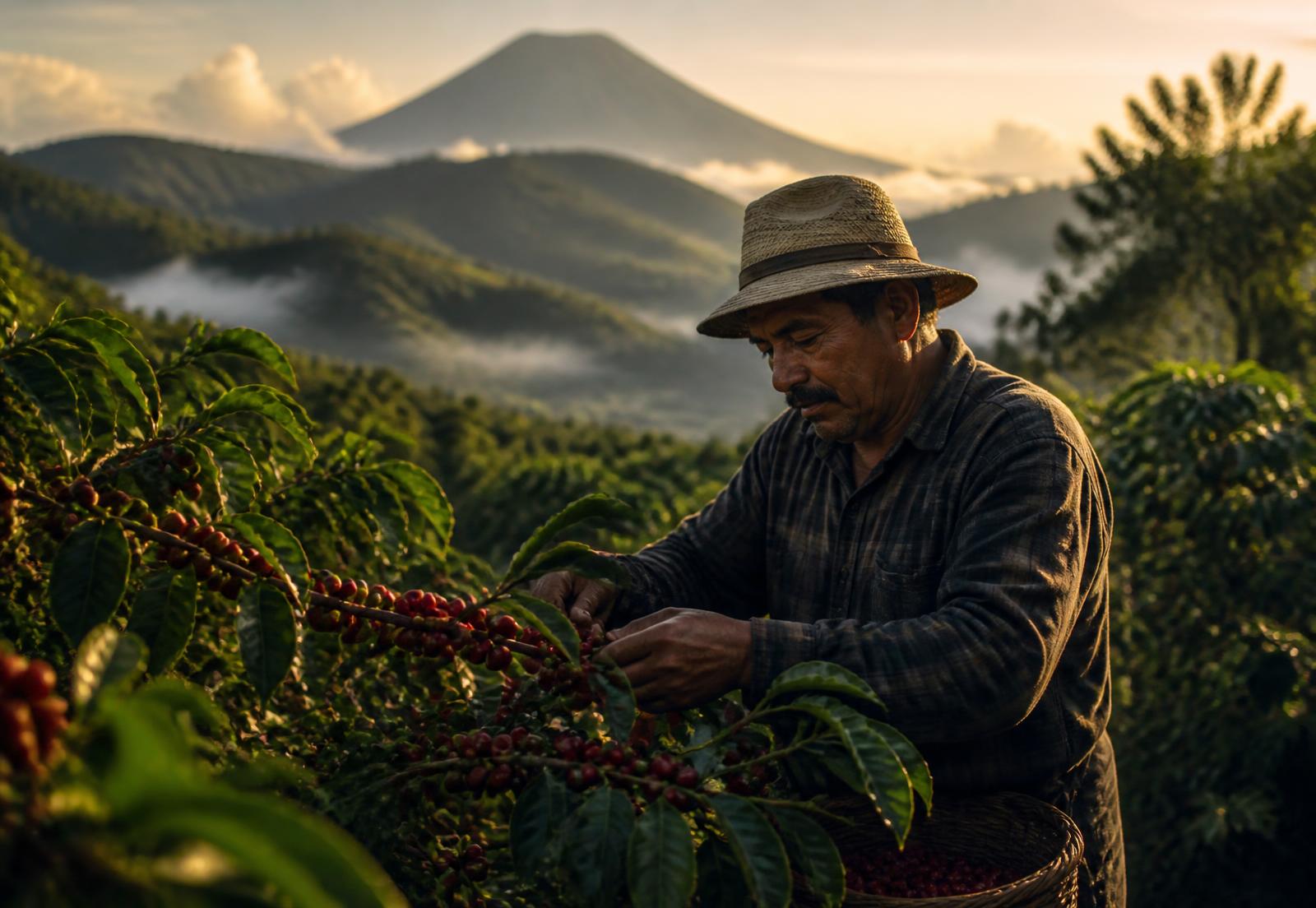 Coffee producer picking ripe cherries on a Salvadoran finca beneath a volcano